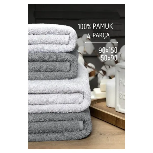 Mira Home 4 Lü Banyo Havlusu Takımı Soft Büyük Havlulu Pamuklu Havlu Seti 90X150 cm Beyaz - 90 x 150 cm - Gri