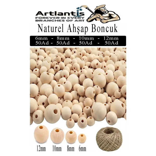Naturel Ahşap Boncuk 200 Lü 1 Paket Jüt İpi Ham Boyanabilir Ahşap Yuvarlak Doğal Boncuklar Takı Tasarım Ektinlik Kreş