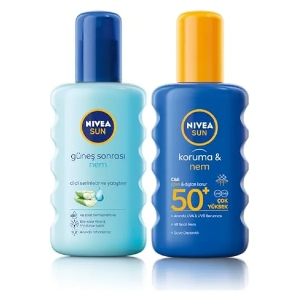 Nivea Sun Güneş Sonrası Nem Spreyi 200 Ml ve NIVEA Sun SPF 50+ Koruma & Nem Güneş Spreyi, Suya Dayanıklı Nemlendirici Güneş Kremi (200 ml)