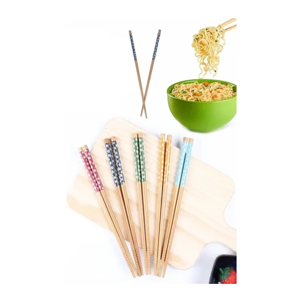 Optana 5 Çift Chopstick Yıkanabilir Organik Ahşap Desenli Bambu Yemek Çubuğu