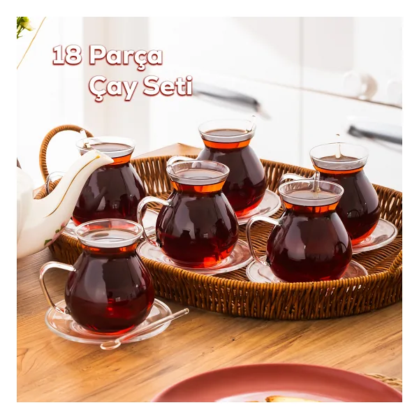 Perotti 16475 Keyfi Ala 18 Parça 6 Kişilik Çay Seti - 200 ml Borosilikat Cam Kulplu Tombik Bardak ve Cam Çay Tabağı Takımı