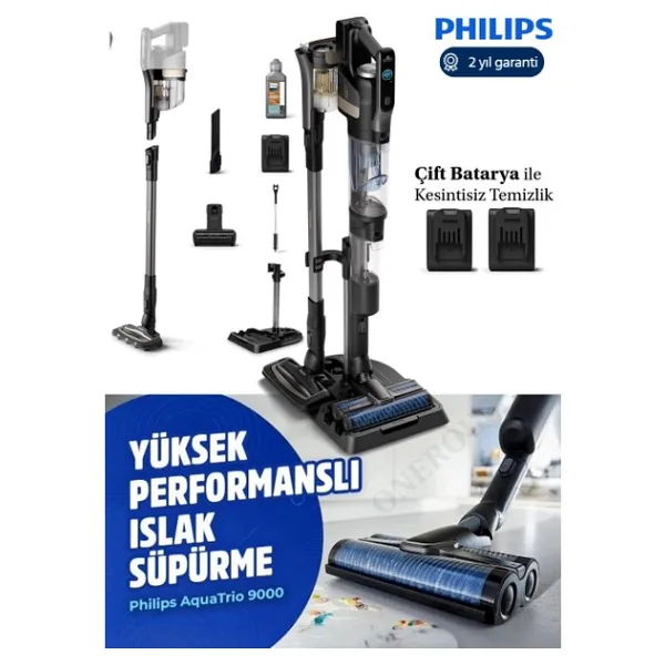 Philips Kendini Temizleyen Yüksek Performanslı 9000 Serisi Aqua Trio Islak & Kuru ve Mop Dikey Süpürge Çift Bataryalı - Antrasit - Gri