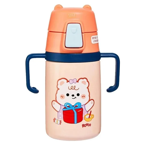 Rovco 400ml Silikon Pipetli Sevimli Ayıcıklı Boyun Askılı Bebek Kulplu Paslanmaz Çelik Termos (Turuncu)