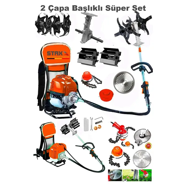 Staxx Benzinli 14hpx Modeli Çim Çayır Ot Biçme Bahçe Bakımı Sırt Tipi Tırpan + 2'li Süper Set Çapa Başlığı