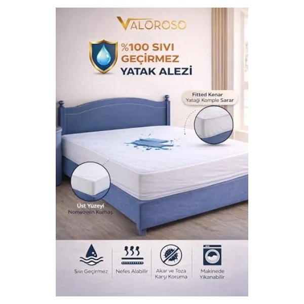 Valoroso Tekstil Fitted Full Kenar Su Sıvı Geçirmez Yatak Koruyucu Alez - 100x200 / 120x200 / 160x200 / 180x200 cm / 200x200 cm (100x200)