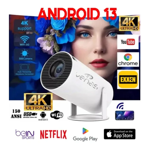 Venas Taşınabilir Ev Ofis Tipi Sesli Sinema Projeksiyon Android 13 işlemcili AppStore Ve Googleplay li