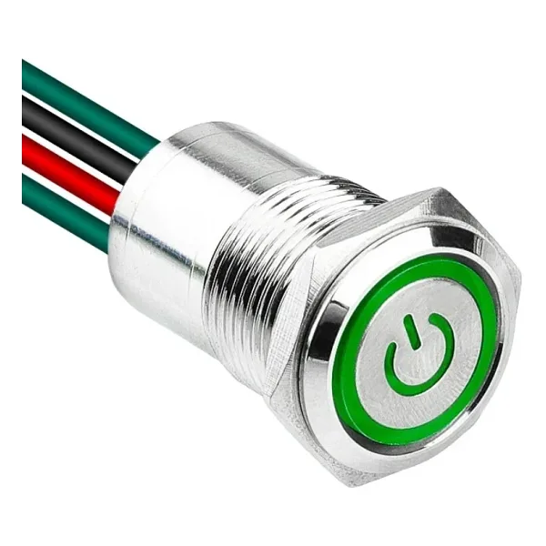 WD16D1-P2Z-EC 16mm Düz Anahtarlı Işıklı Power Kablolu Metal Buton - Yeşil