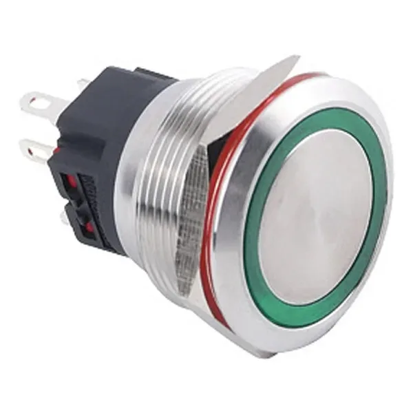 WD25B-P1-E 25mm Düz Yaylı Işıklı Metal Buton - Yeşil