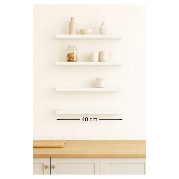 yankı-byeg 40 Cm 4lü Mat Beyaz Mdf Uçan Duvar Rafı Gizli Bağlantı Kitaplık