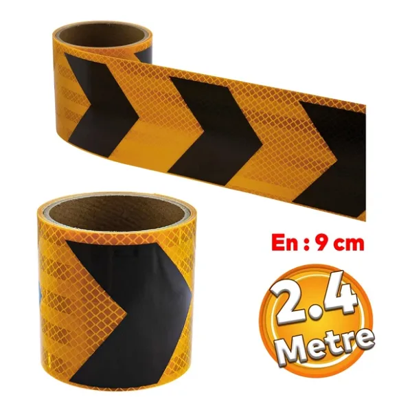 Yapışkanlı Sarı Siyah İşaretli Yönlendirme Reflektörlü Reflektif Şerit Bant 9 cm İkaz Bandı 2.4 Mt
