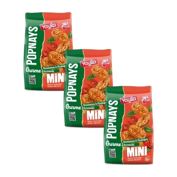 Yayla Popnays Gurme Domates ve Fesleğen Aromalı Mini Mısır ve Pirinç Patlağı 50 g x3