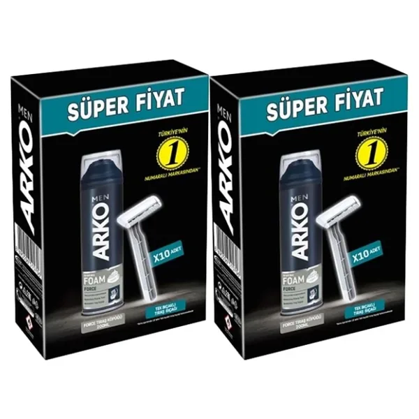 Arko Men 10 Adet Tekli Tıraş Bıçağı + Force Tıraş Köpüğü Pro 200 ml x 2 Set
