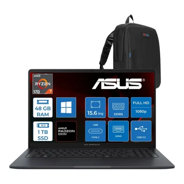 Asus Expertbook BM1503CDA Amd Ryzen 7 170 48GB Ddr5 1tb SSD Windows 11 Home 15,6 Inç Fullhd Laptop S72178H22 + Zetta Çanta - 1 TB - 48 GB