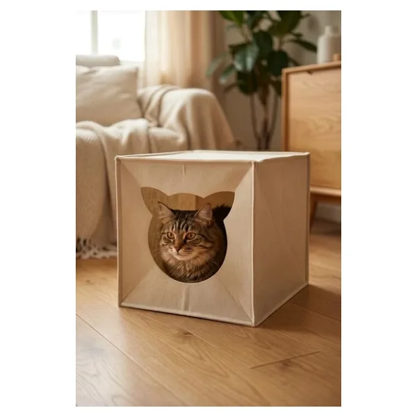 Bej Keçe Kedi Yuvası Dekoratif Mama Kabı Altlığı Hediyeli Organizer Düzenleyici Katlanabilir