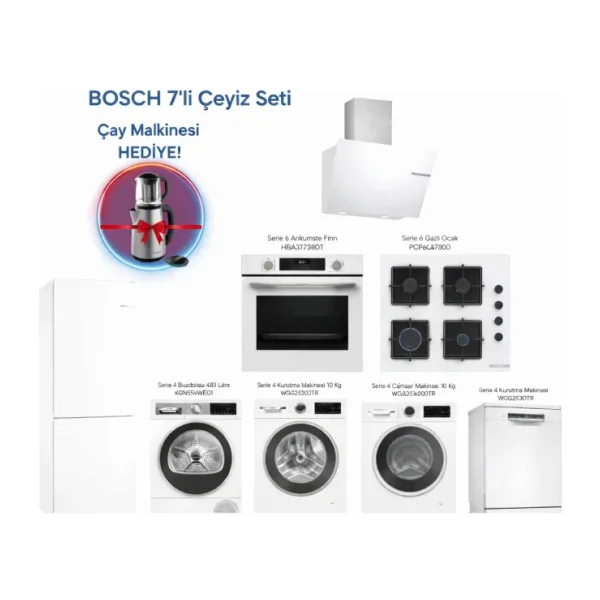 Bosch Beyaz Eşya Çeyiz Seti KGN55VWE0N, WGA25202TR, SMS4IKW62T, WQG25201TR,HUA717BV0T,POP6C2P30O,DWK66PJ20T