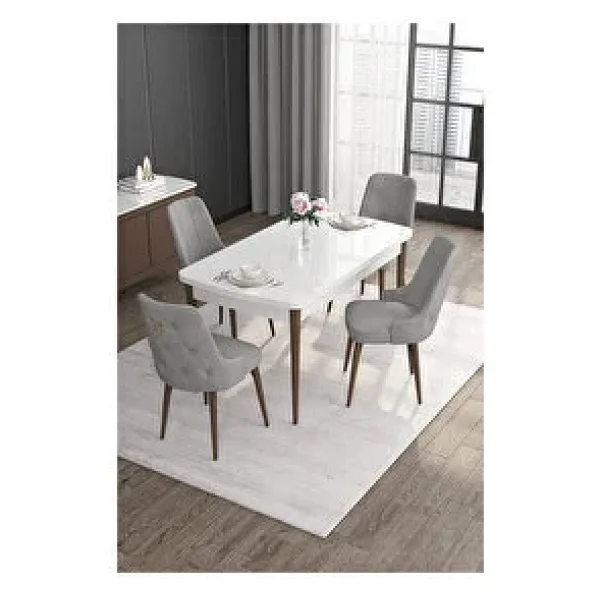 Canisa Noa Serisi,beyaz Masa Ceviz Ayak Mdf 80x132 Açılabilir Yemek Odası Takımı,4 Sandalye Gold Halkalı