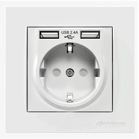 Çift Usb'li Topraklı Priz Beyaz (2.4A HIZLI ŞARJ ÇOCUK KORUMA) Usb Girişli Priz Beyaz