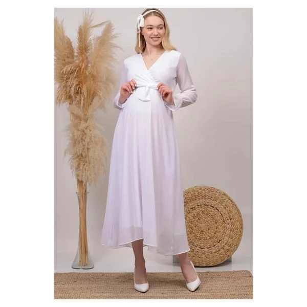 Dip Moda kadın beyaz kruvaze yaka baby shower şifon hamile elbise HML003
