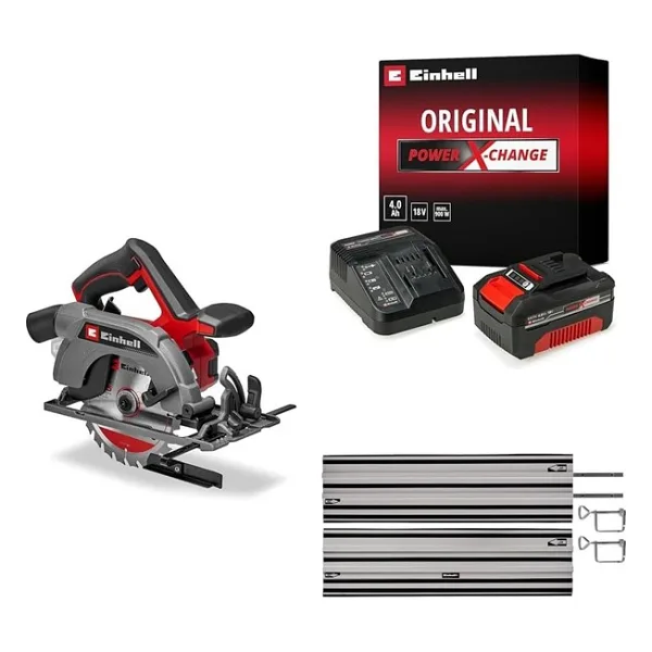 Einhell TE-CS 18/165-2 Li - Solo, Cordless Circular Saw + 18V 4,0 Ah PXC Starter Kit, Akü ve Şarj Cihazı + Alüminyum Daire Testere Rayı 2x1000 mm