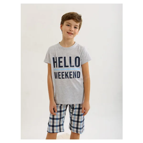 Erkek Çocuk Kısa Kollu Kapri %100 Pamuklu Pijama Takımı Hello Weekend - Karmelanj