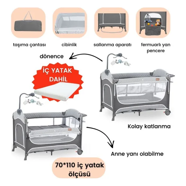 Gulz Atlas Plus Anne Yanı Sallanır Cibinlikli Dönenceli Oyun Parkı Park Yatak 70X110 cm + Yataklı - Dark Grey