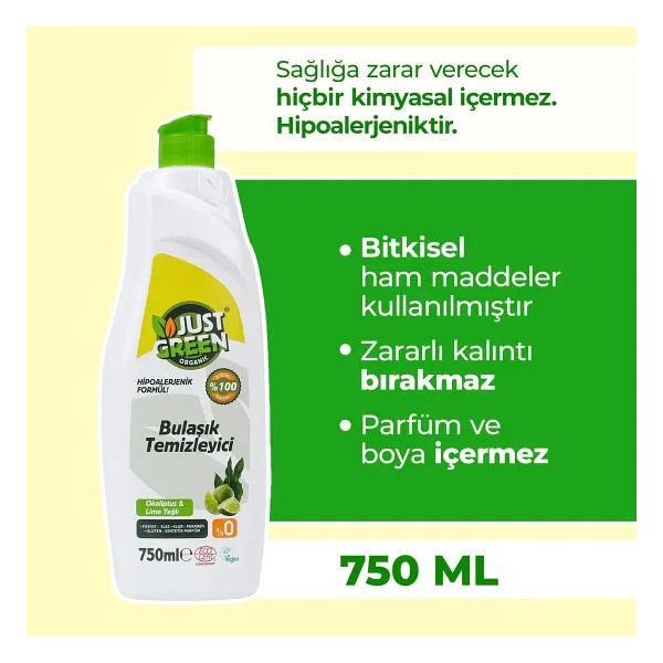 Just Green Organic Bitkisel Okaliptüs ve Lime Yağlı Sıvı Bulaşık Deterjanı 750 ml