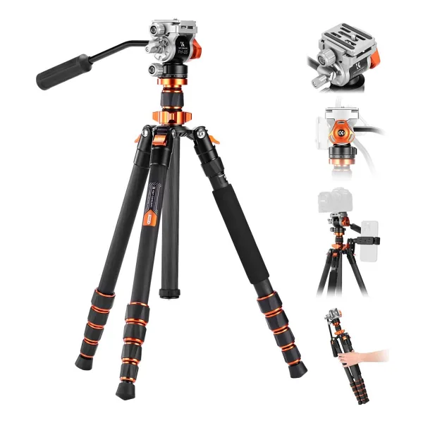 K&F Concept O255C4+FH-03 Carbon Fiber Video Tripod