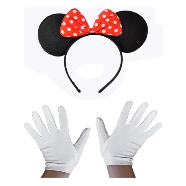Kırmızı Fiyonklu Minnie Mouse Tacı ve Beyaz Eldiven Seti