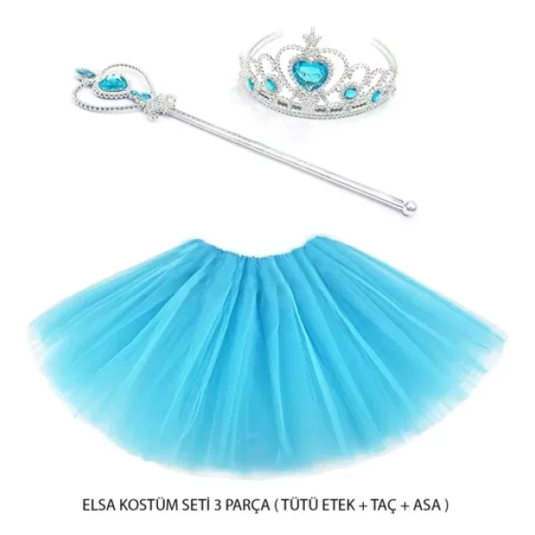 Lunaev Mavi Prenses Elsa Kostüm Seti 3 Parça (Tütü Etek + Taç + Asa ) Parti Kostümü