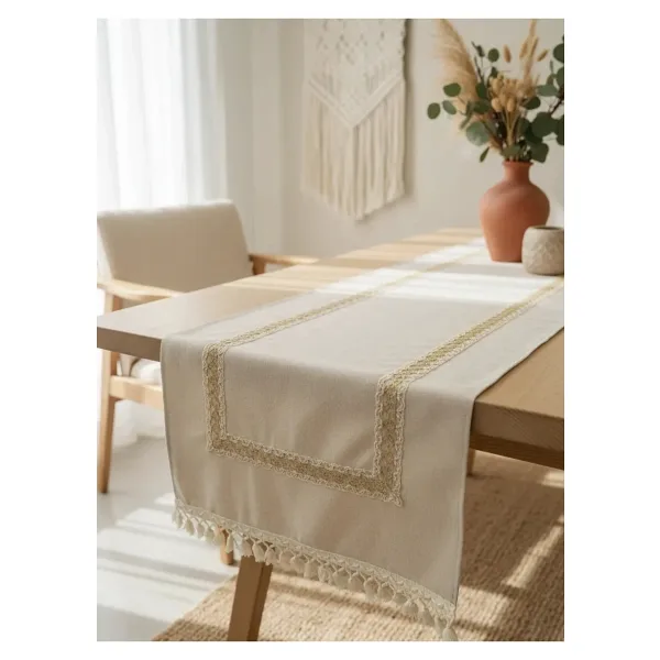 NDC Home Keten Bej Renk Jüt Dantel Ponponlu Runner 50 X 150