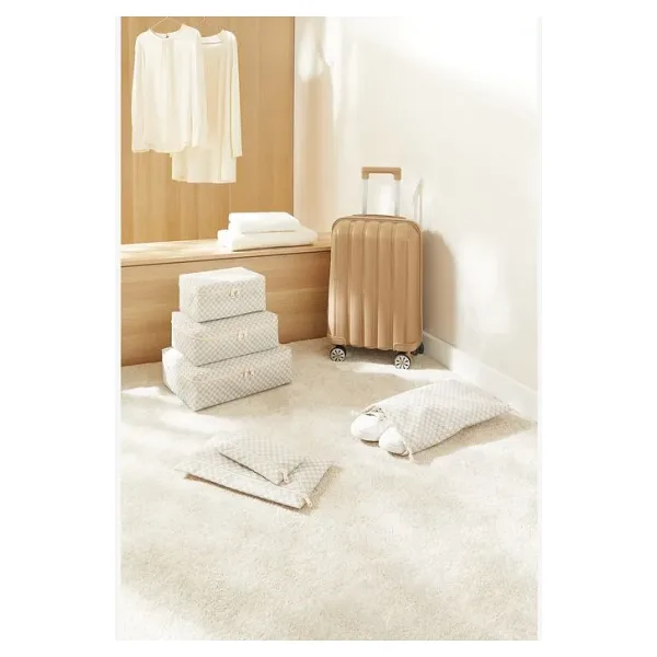 Ocean Home Textile 6'lı Yıkanabilir Gri Dama Desen Pamuklu Bavul Içi Düzenleyici Set