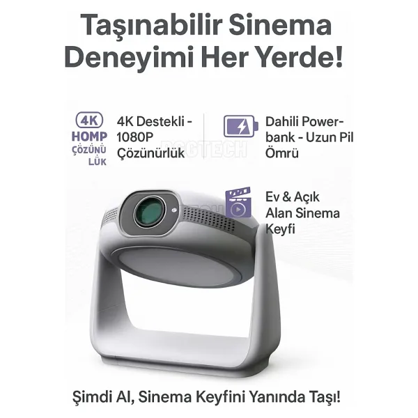 P1 Taşınabilir Powerbankli 4K Destekli 1080P Android Sistemli Sinema Projeksiyon Cihazı - Gri