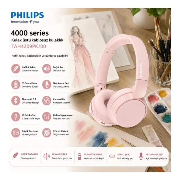 Philips TAH4209PK Pembe Kulak Üstü Bluetooth Kulaklık