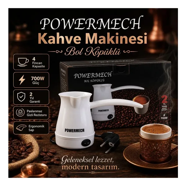 POWERMECH BOL KÖPÜKLÜ ELEKTRİKLİ CEZVE TÜRK KAHVE MAKİNASI ( 4 FİNCAN 330 ML KAPASİTE)