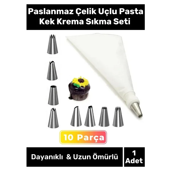 Premium Seri Paslanmaz Çelik Uçlu Pasta Kek Süsleme Torbası Krema Sıkma Seti 10 Parça