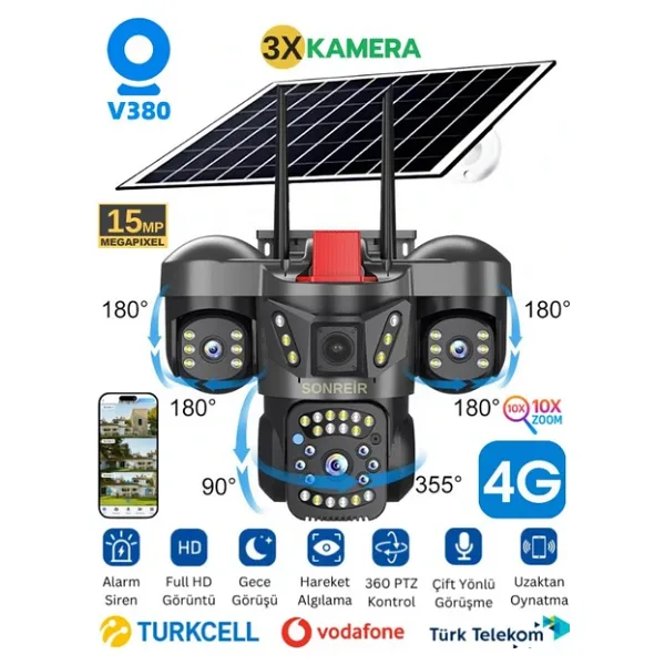 Rxg 3 Kameralı Solar Güvenlik Kamerası 4G Sim Kartlı Ptz Hareketli Gece Görüşlü Güneş Panelli Kamera