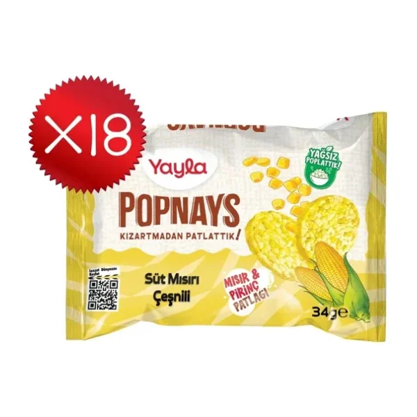 Yayla Popnays Süt Mısırı Çeşnili Mısır ve Pirinç Patlağı 34 g x18