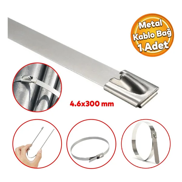 Badem10 Cırt Kelepçe Metal Paslanmaz Çelik Kablo Zip Bağı Çok Amaçlı Bağlama 4.6X300 1 Adet