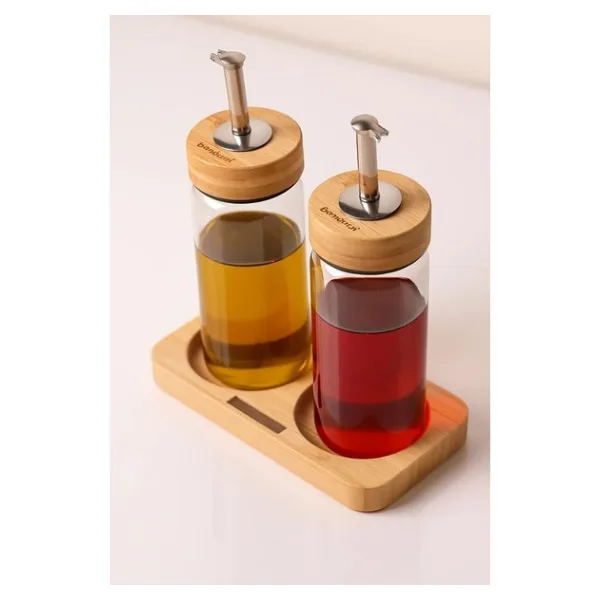Bambu Kapaklı Cam Yağlık & Sirkelik Seti 2'li Standlı 200ml Şeffaf