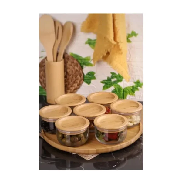Bambum Duo 300 ml 7'li Tepsili Bambu Kapaklı Cam Kahvaltılık
