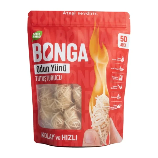 Bonga Şömine ve Mangal Tutuşturucu 50 Adet 700 gr - Jel Ve Çıra Alternatifi Doğal Odun Yünü - Kırmızı