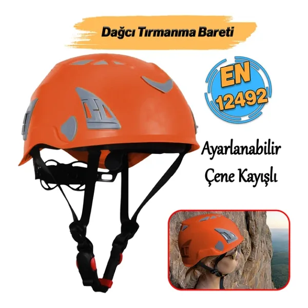 Dağcı Tırmanma Bareti Turuncu Renk Baş Koruyucu Kask CE En12492 Sertifikalı 51-62 cm Ayarlanabilir