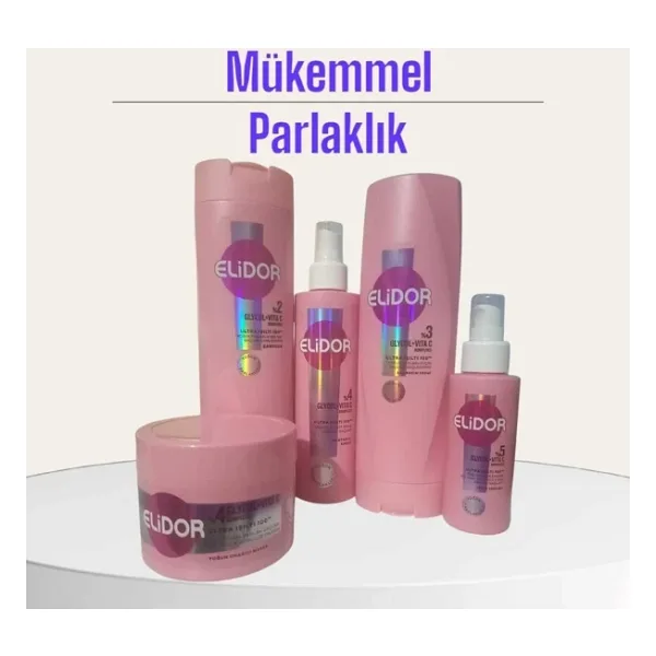Elidor Glycol 5 Li Bakım Seti:Şampuan, Saç Kremi, Işıltı Serumu, Kurtarıcı Sprey , Saç Onarı Maskesi