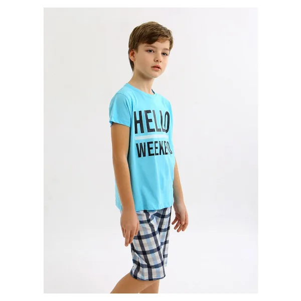 Erkek Çocuk Kısa Kollu Kapri %100 Pamuklu Pijama Takımı Hello Weekend - Turkuaz