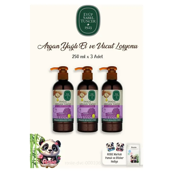 Eyüp Sabri Tuncer 3 Adet Eyüp Sabri Tuncer Vücut Losyonu Argan 250 ml ve 60'lı %100 Pamuk ROSIE