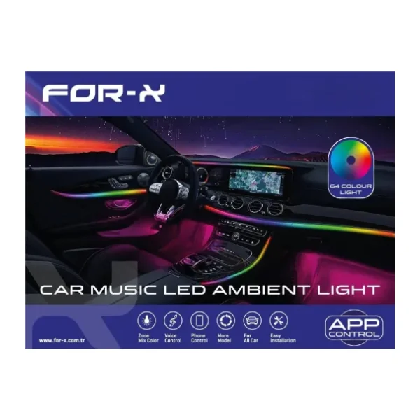 For-X Araç İçi Ambiyans Led Aydınlatma - X-LED64P 64 Renkli Müziğe Duyarlı RBG Led Ambians Ayd