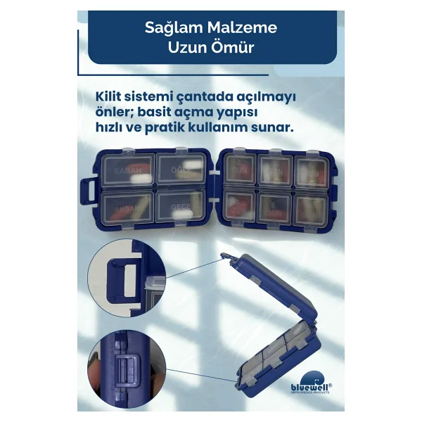 Haftalık Taşınabilir Ilaç Saklama Kutusu 10 Bölmeli Taşınabilir 7 Günlük Seyahat Hap Vitamin Saklama Düzenleyici Kitlenir Kapak Organizer - Mavi