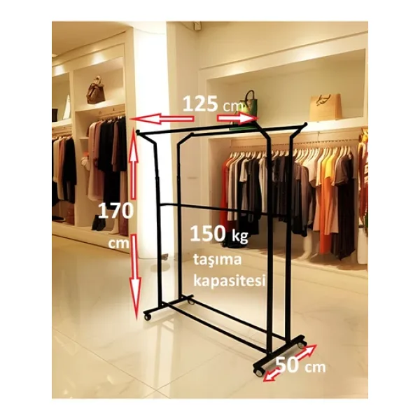 HOMEBELLA Premium 170 cm Çelik Konfeksiyon 125 cm En Elbise Askılık Tekerlekli Demonte Eşek Portmanto