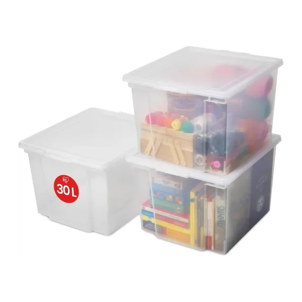 Iris Ohyama Çok Yönlü Saklama Kutuları, 30L, 3'lü Set, Şeffaf, Kolay Mandal, İstiflenebilir, Şeffaf Plastik, Dolap, Raflar, Garaj, Organizasyon, Giysiler, Battaniyeler, Garaj Malzemeleri, USB-M