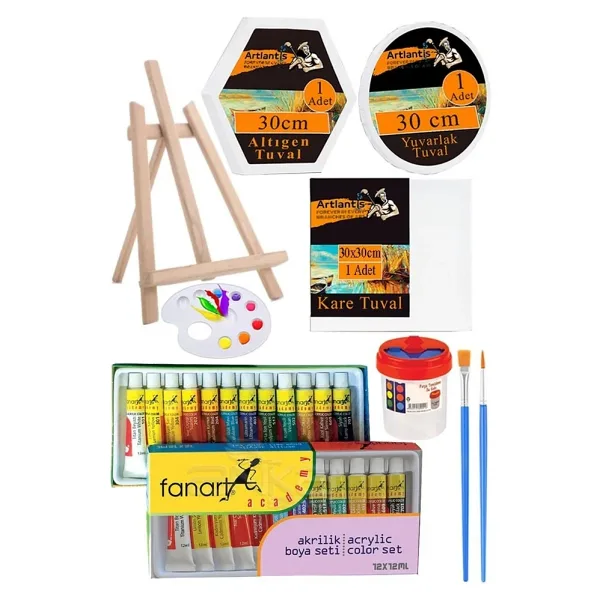 Kare Yuvarlak Ve Altıgen Tuval 30 Cm Fanart 12 Renk 12 Ml Tüp Akrilik Boya Şövale 1 Paket Arkadan Zımbalı 30X30 Cm Tuval
